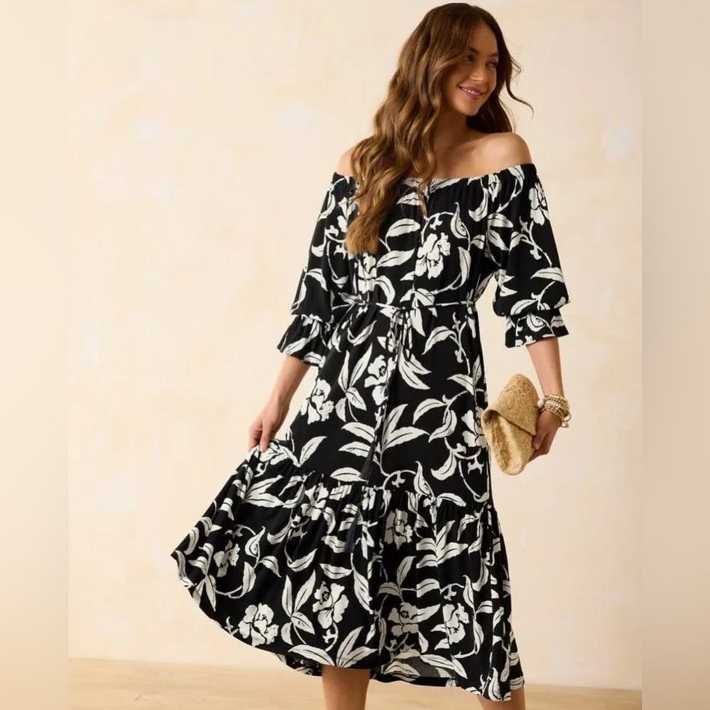 Tommy Bahama Women's Carmela Off-Shoulder Midi Dress – Black & White Floral M